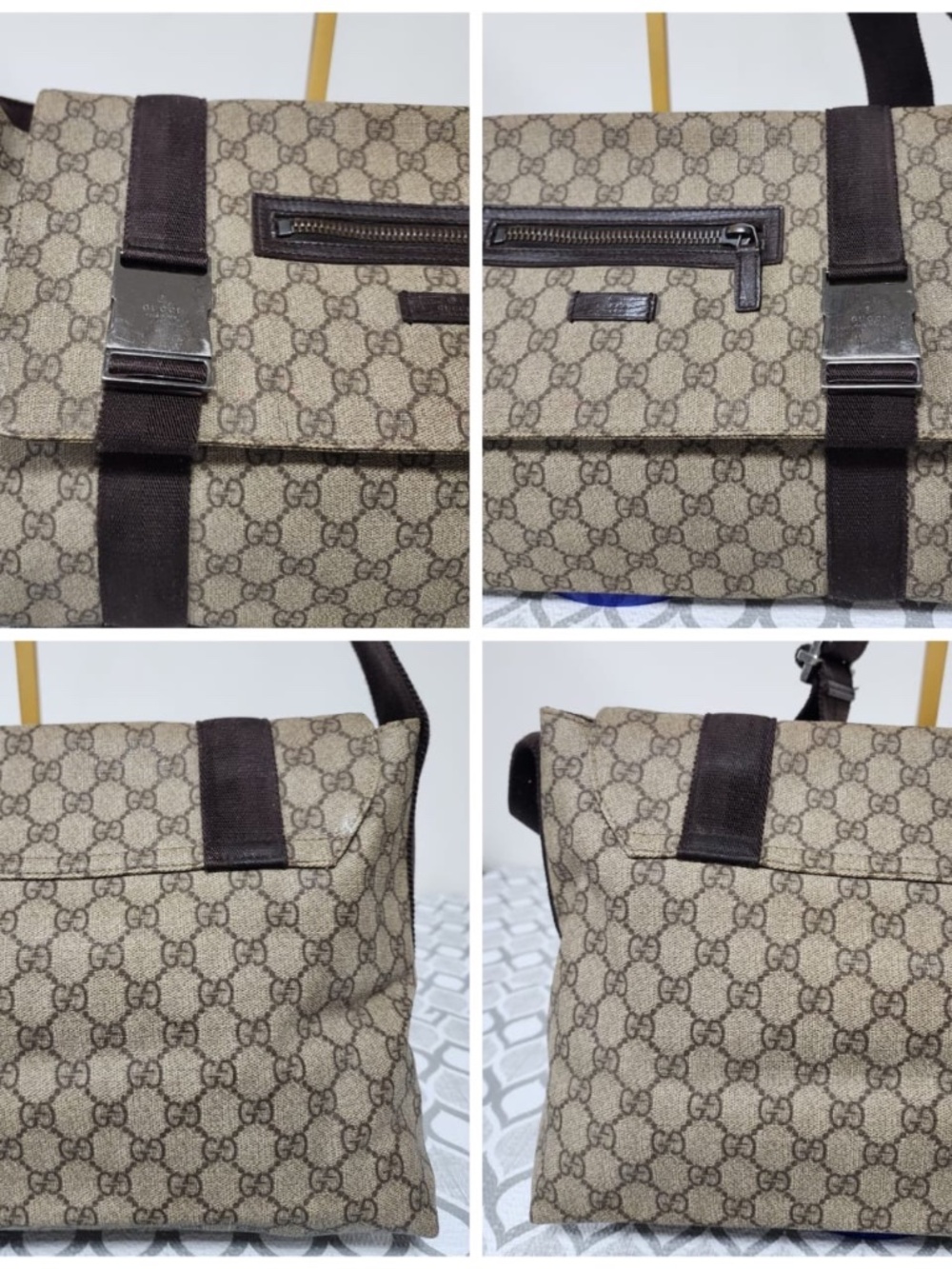 Authentic GUCCI GG Plus Monogram Double Buckle Flap Messenger Bag Beige/Brown - Picture 13 of 15